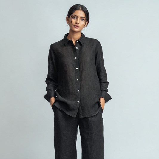 Black Long-Sleeved Linen Shirt